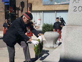 Royal Canadian Legion Branch 642 president Len Maynard lays a wreath at the Chatham cenotaph on Wednesday to mark the Raid on Dieppe, France, which took place 78 years ago during the Second World War. (Trevor Terfloth/The Daily News)