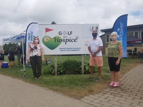 Rachel Taylor, fund development manager for Residential Hospice of Grey Bruce, Paul Rowcliffe, Residential Hospice of Grey Bruce Board chair and Golf Fore Hospice chair Nancy Baillie at the Golf Fore Hospice fundraiser on Aug. 11. The event was hosted at the Walkerton Golf and Curling Club.