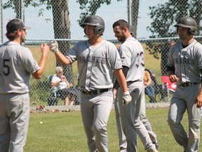 Joey Moffatt celebrating his three-run shot later in the game versus the Pirates. (Aaron Wilgosh/Postmedia)