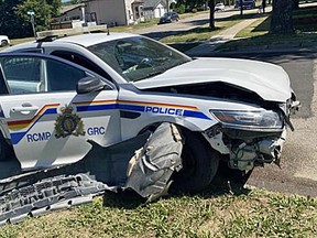 The RCMP cruiser that was involved in the collision Tuesday. (Supplied photo)