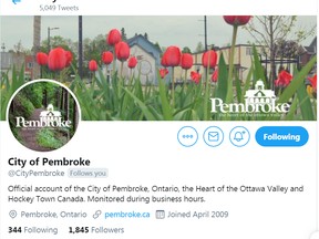 The City of Pembroke has updated its handle on Twitter from @PembrokeEcDev to @CityPembroke. Screen capture