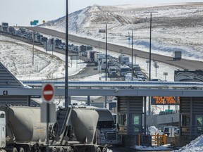 Roads running along the international border between Montana and Alberta on Friday March 20, 2020. Sweetgrass, Montana is on the left and Coutts, Alberta is on the right. Mike Drew/Postmedia
