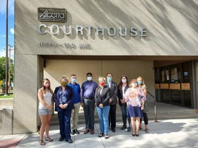 Fort Saskatchewan Mayor Gale Katchur, Fort Saskatchewan-Vegreville MLA Jackie Armstrong-Homeniuk, Infrastructure Minister Prasad Panda, and other government representatives gathered at the Fort Saskatchewan Courthouse on August 13 to announce $2.7 million in infrastructure funding for the city. Photo Supplied