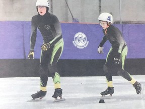 Kirk Beaubien (left) and Ryan Tapankov rip around a corner during a speed-skating race at the Alberta Special Olympics last weekend in Grande Prairie. West Central athletes made the tri-area proud by hauling in 33 medals in speed-skating and 25 medals in snow-shoeing while the floor hockey team showed grit and heart with their fourth place finish.