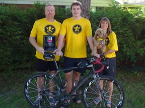From left, Jason Morningstar, Jett Morningstar and Lise Laporte are three members of a Sarnia-based team in Saturday's Terry Fox Ride of Hope. The team is riding in memory of Jesse Morningstar who died  last year at age 13 after a decade of battling cancer.