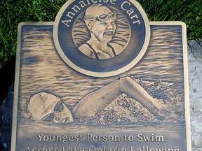 The Annaleise Carr Aquatic Centre in Simcoe will re-open Oct. 5. Pictured is the plaque outside the centre celebrating the achievement eight years ago of the young swimmer from Walsh. – Monte Sonnenberg photo