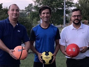 Joe Estrela (left), Nuno Francisco and Darnell Bernardo are among the organizers of an adult recreational soccer league.