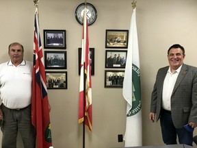 Markstay-Warren mayor Stephen Salonin, left, is pleased the federal government, represented in his area by Nickel Belt MP Marc Serre, right, have made funds available for a local food co-op.