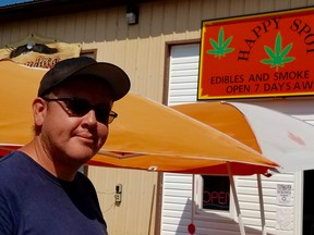 Justin Ritchie outside his Happy Spot pot shop at Saugeen First Nation Monday, Aug. 24, 2020. (Scott Dunn/The Sun Times/Postmedia Network)
