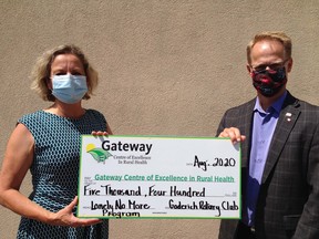 Rotary Club president Mike Strickland presented a cheque for $5,430 to Nancy Simpson, secretary of the board of directors of Gateway Centre of Excellence in Rural Health. Handout