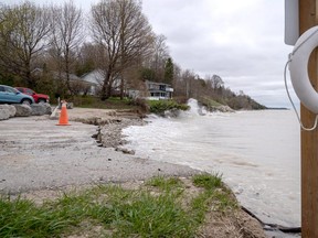 There was barely any sand left at the beach in Bayfield on May 4. Water levels on Lake Huron have caused significant shoreline erosion, with part of the beach's parking lot even crumbling away. Max Martin photo