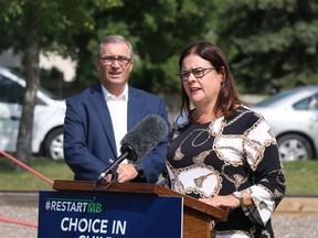 Families Minister Heather Stefanson and Chuck Davidson, president and CEO if the Manitoba Chamber of Commerce, announce new funding for child care in Manitoba on Wednesday, Aug. 26, 2020 at Fairview Park in Winnipeg. Josh Aldrich/Winnipeg Sun