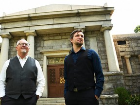 James Mac Neil and Wes Nelson of Life Transitions Burial and Cremations Service Inc. are shown in front of the Old Mausoleum at Maple Leaf Cemetery in Chatham Aug. 25, 2020. Life Transitions launched a video series about area cemeteries earlier this year and have attracted thousands of views. (Tom Morrison/Postmedia Network)