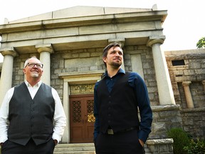 James Mac Neil and Wes Nelson of Life Transitions Burial and Cremations Service Inc. are shown in front of the Old Mausoleum at Maple Leaf Cemetery in Chatham Aug. 25, 2020. Life Transitions launched a video series about area cemeteries earlier this year and have attracted thousands of views. (Tom Morrison/Chatham This Week)