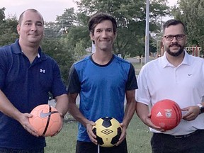 Joe Estrela (left), Nuno Francisco and Darnell Bernardo are among the organizers of an adult recreational soccer league. Submitted
