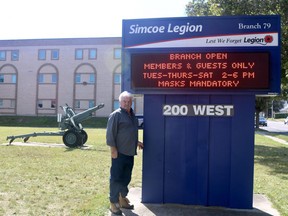 John Maskell, vice-president of the Simcoe branch of the Royal Canadian Legion, is excited the service club is able to welcome members and guests back into the building after months of closure. Ashley Taylor/Postmedia Network