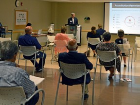 Rick Shaheen, the Woodstock Hospital board chair, speaks to the audience at its annual general meeting. While COVID-19 only accounted for three weeks of the 2019-20 fiscal year, it dominated the discussion of the annual general meeting for the hospital. (Chelsea Vella/Special to the Sentinel-Review)