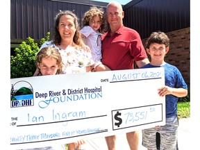 Ian Ingram of Deep River won the progressive jackpot of $73,551 during the Deep River and District Hospital Foundation Catch the Ace draw Aug. 6. The next day he attended the hospital to collect the cheque along with his wife Margo and their children Amy, Maggie and Liam. Submitted photo