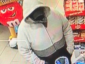 Timmins Police Service is seeking the public’s help in identifying a suspect wanted in connection with a robbery at an Algonquin Boulevard West convenience store earlier this week. SUBMITTED PHOTO