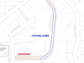 A diagram provided by the City of North Bay shows where cycling lanes and sharrows are expected to be added on Laurentian Avenue near the Northgate Shopping Centre. Supplied photo