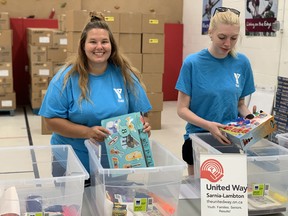 Amber Kinsman and Makayla Hadwyn from the YMCA remove their masks and PPE to present the age-appropriate “activity and learning bins” for the children with Autism who would usually attend the United Way funded Summer Autism Camp. A total of 111 kits were delivered to children with autism, and 345 kits were delivered to children who would historically attend the United Way funded Youth Resources Houses. The United Way has announced a $1.9-million Needs Target for this fall’s fundraising camaign, and so far has raised $300,000. United Way