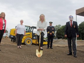 From left to right, Joanne Vanderheyden, second-vice president of the Federation of Canadian Municipalities; Sally Martyn, Central Elgin mayor; Kate Young, Liberal MP for London West; Chris McDonough, Central Elgin fire chief; and Dave Mennill, Elgin County warden were Friday in Port Stanley for the ground-breaking ceremony of the community’s new fire station. (JONATHAN JUHA/The London Free Press)