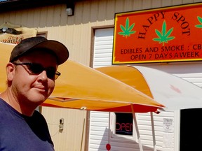 Justin Ritchie outside his Happy Spot pot shop at Saugeen First Nation on Aug. 24. Scott Dunn/Postmedia Network