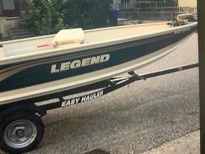 Timmins Police Service is seeking public assistance to help solve the theft of this green and white Legend V-140 Viper 14-foot aluminum single-hull boat and black Evinrude E-Tec 25 HP outboard motor, along with other accessories. SUBMITTED PHOTO