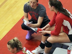 Vanessa Chorkawy speaks to a player on the Acadia women's volleyball team.