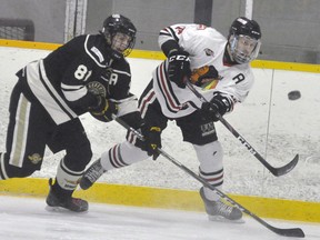 Tanner Hertel (14) of the Mitchell Hawks clears the puck away from Mitch Fisher (81) of the Goderich Flyers during PJHL Pollock division action Dec. 19 in Mitchell. The Hawks lost 6-5 in overtime. ANDY BADER