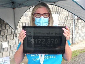 Mary Lou Crowley, executive director of the Chatham-Kent Health Alliance Foundation, displays the winning number and amount of the Igniting Healthcare 50/50 FUNdraiser that was drawn Aug. 26. The winning number of 1107940 was worth $172,870. Ellwood Shreve/Postmedia Network