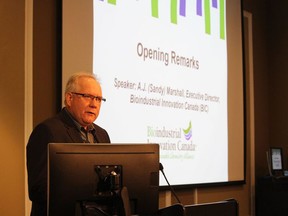 Sandy Marshall, executive director of Bioindustrial Innovation Canada, speaks last year at the start of a Canadian BioDesign Conference at the Lambton College Events Centre in Sarnia. File photo/Postmedia Network