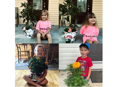 Showing off their winning plants and flowers for the age one to five category for the Laurentian Valley Junior Gardeners Competition are (top from left) Riven Schilkie-White and Marceline Vaillant and (bottom from left) Finn Dennique in third and Mason Behm.