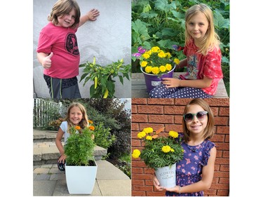 Showing off their winning plants and flowers for the age six to eight category for the Laurentian Valley Junior Gardeners Competition are (top from left)  Tristan Ellis, Xavia Mask and (bottom from left) Kate Ryan and Lexi Hiltz.