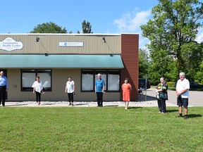 Proviincial funding is allowing for the addition of a new health care team for the Whitewater Bromley Community Health Centre. It is hoped the team can help ease primary care pressures being experienced in the Whitewater and Eganville areas. At the announcement were, from left, John Jordan, executive director of Lanark Renfrew Health and Community Services (LRHCS), Renfrew-Nipissing-Pembroke MPP John Yakabuski, Brenda Powers-Ross, director Whitewater Bromley Community Health Centre, Bonnechere Valley Mayor Jennifer Murphy, Whitewater Region Mayor Mike Moore, Carole Devine, medical recruitment committee member, Faye Bennett, past board chairwoman LRHCS, and Zig Mintha, medical recruitment committee member. Submitted photo