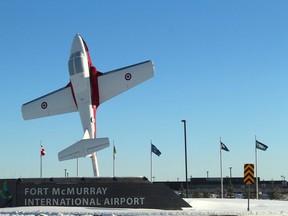 A mounted Canadair CT-114 Tutor outside the Fort McMurray International Airport on Sunday, January 26, 2020.