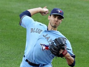 Julian Merryweather of the Toronto Blue Jays pitches during the first inning of his MLB debut against the Boston Red Sox at Sahlen Field on August 26, 2020 in Buffalo, New York.