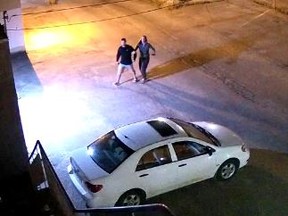 A surveillance image of the suspects for an assault that occurred near the Sawmill restaurant in Grande Prairie, Alta. in the early morning hours of Aug. 15, 2020.