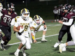 PETER RUICCI
Korah running back Michael Nicoletta weaves his way in and out of traffic during the Colts 42-3 victory over the St. Mary's Knights in the 2019 High School Senior Football League final.