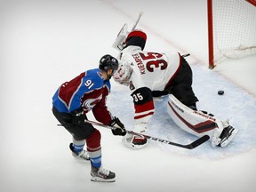 Colorado Avalanche center Nazem Kadri (91) scores a breakaway goal against Arizona Coyotes goaltender Darcy Kuemper (35) during the first period in game five of the first round of the 2020 Stanley Cup Playoffs at Rogers Place. (Perry Nelson-USA TODAY Sports)