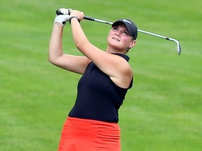 Erin Kopinak watches her shot on the 18th hole at Maple City Country Club during a Jamieson Junior Golf Tour event in Chatham, Ont., on Monday, July 27, 2020. Mark Malone/Chatham Daily News/Postmedia Network