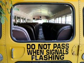 The back window on this school bus was smashed recently at the Chatham-Kent Children's Safety Village near Blenheim, Ont. Photo taken Monday, Aug. 10, 2020. Mark Malone/Chatham Daily News/Postmedia Network