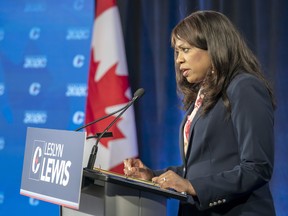 Conservative Party of Canada leadership candidate Leslyn Lewis makes her opening statement at the start of the French Leadership Debate in Toronto on June 17, 2020. THE CANADIAN PRESS/Frank Gunn