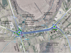 About a kilometre of King Edward Street between Puttown Road and Bishopgate Road in Brant County will have two, single-lane roundabouts installed and widening the road to accommodate a bike lane and sidewalks or a multi-use trail for pedestrians