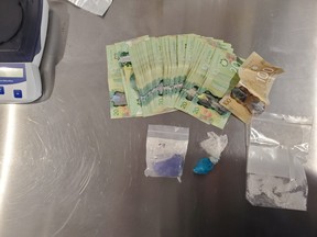 Officers seized drugs suspected to be fentanyl, crystal methamphetamine and cocaine along with drug paraphernalia and over $1,100 in Canadian currency during a drug bust in Sturgeon Falls.