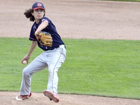 Sarnia Braves’ Logan Buntrock pitches against Springfield Armoloy in a midget game at Errol Russell Park in Sarnia, Ont., on Saturday, July 13, 2019. Louis Pin/Sarnia Observer/Postmedia Network