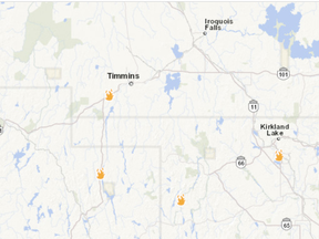A screenshot of the Ontario.ca Forest Fires website at 7:45 p.m. Tuesday shows the four closest forest fires to Timmins.