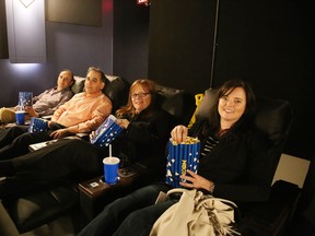 David Petryna, Greg Haddad, Sandra Haddad and Sandra Petryna relax prior to a movie at the grand opening of  the Downtown Movie Lounge located at the Rainbow Centre  in Sudbury, Ont. on Thursday May 19, 2016. The theatre is reopening Aug. 26. Gino Donato