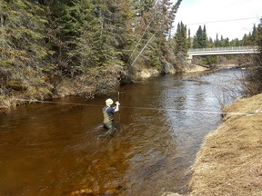 Andy Williams, Field Lead with Trent University is measuring flow at Pickerel River, Quetico Provincial Park