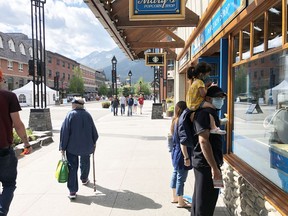 Banff's mandatory mask bylaw was extended by council at a meeting on Aug. 14 to include the 200 block of Bear Street and parts of Wolf Street. The Town said they are happy with the 95 percent compliance from the public to date, and have not had to issue any fines. Photo Marie Conboy.